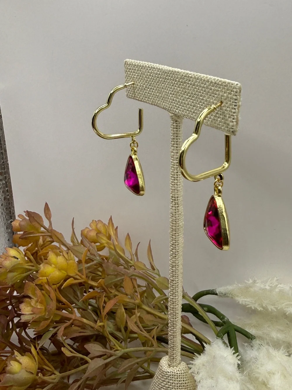 Fuchsia Trillion-Cut Crystal Heart Hoop Drop Earrings